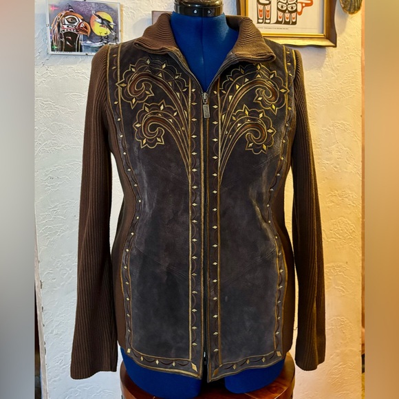 Bob Mackie Jackets & Blazers - Bob Mackie Vintage Brown Leather Jacket with Gold Embroidery Size Small